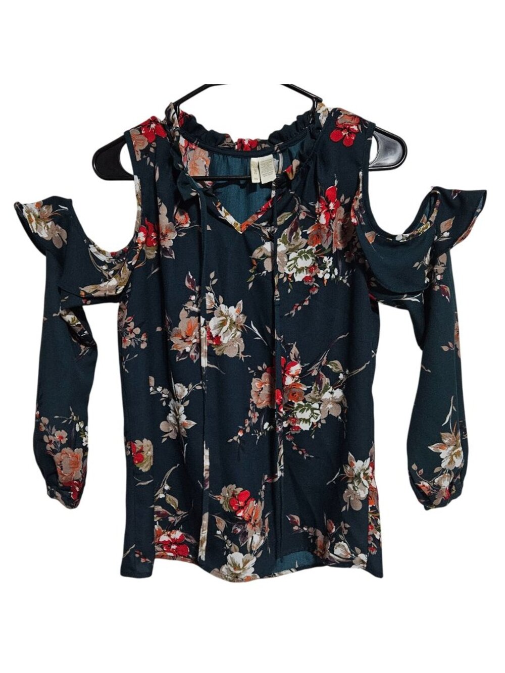 Japna Floral Cold Shoulder Blouse Size Medium Ruffle Details Green Long Sleeves